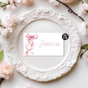 Sjabloon roze strik plaatskaart afdrukbare platte plaatskaarten babyshower plaatskaarten roze strik bewerkbare plaatskaarten roze strikken platte babymeisje B13