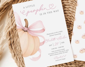 Pumpkin Baby Shower Invitation, Pink Bow Fall Sign Canva Template (Digital Download)