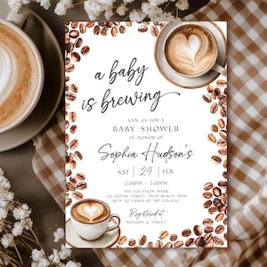 Baby Is Brewing Shower Invitation, Coffee Latte Theme (Editable Canva Template, Instant Download) image 1
