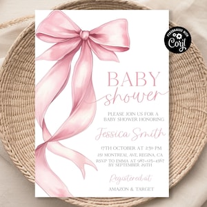 Pink Bow Baby Shower Invitation Baby Girl Pink Coquette Pink Baby Shower Invite Baby Shower Invitation Girl Coquette Bow Girl Shower Invite