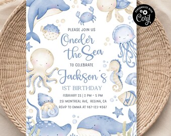 May include: A blue and white invitation card with a watercolor illustration of sea creatures. The text reads "Please join us Oneder the Sea to celebrate Jackson's 1st Birthday. February 25 | 2 PM - 5 PM. 251 Montreal Ave, Regina, CA. RSVP to Emma at 987-123-4567."