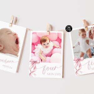 Roze strik foto's eerste jaar, strik verjaardag mijlpaalfoto's, baby's eerste jaar maand foto's, maandelijkse fotobanner, roze strik fotobanner B13