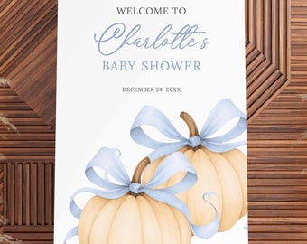 Pumpkin Baby Shower Welcome Sign, Blue Bow Fall Sign Canva Template (Digital Download)