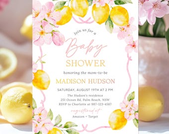 Pink Lemon Baby Shower Invitation, Elegant Citrus Theme (Digital Download)