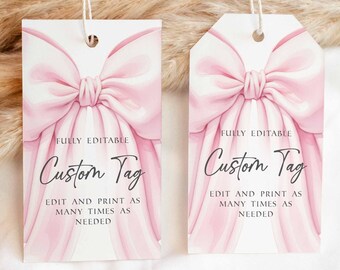 Sjabloon roze strik Tags, afdrukbaar cadeaulabel label, aangepaste kalligrafie gunsttag, minimalistische babyshower bruiloft, Instant Download B41
