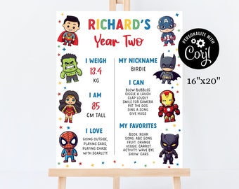 May include: A colourful printable chart for a child's second birthday, featuring superhero characters such as Superman, Hulk, Wonder Woman, Spiderman, Batman, Iron Man, and Black Panther. The chart includes the child's name, age, height, weight, nickname, favourite activities, and favourite things. The chart is designed to be personalised with the child's information.