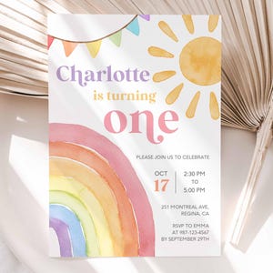 Regenbogen-Geburtstags-Einladung, Mädchen-Regenbogen-Party, Aquarell Regenbogen-Geburtstags-Party Einladung, Mädchen-Party einladen, bunte Party einladen