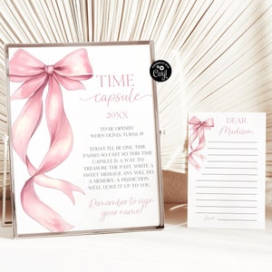 Placa de cápsula do tempo com laço rosa Modelo de cápsula de primeiro aniversário com laço rosa Decorações de laço para meninas Cartões de cápsula do tempo para meninas Cartão de cápsula do tempo para bebês B13