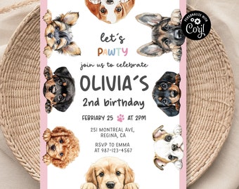 Peut inclure: Une invitation d'anniversaire rose et blanche avec un motif de patte. L'invitation présente une variété de chiens qui regardent par-dessus le haut de la carte. Le texte indique "Let's Pawty! Join us to celebrate Olivia's 2nd birthday. February 25 at 2 PM. 251 Montreal Ave, Regina, CA. RSVP to Emma at 987-123-4567."