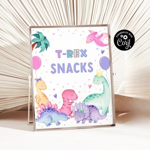 EDITABLE DINOSAUR BIRTHDAY Food Sign Girl Three Rex Party Sign Digital Dino Food Table Sign Three-Rex Dinosaur Sign Girl Dinosaur Party d7