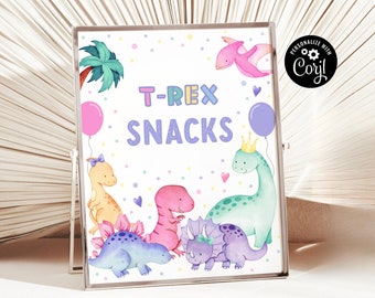 Three Rex Birthday Food Sign, Girl Dinosaur Party (Digital)