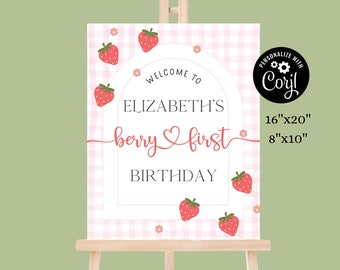 Editable Pink Gingham Berry First Birthday Welcome Sign Template Berry First Welcome Sign Berry Sign Digital Strawberry Birthday Party B1