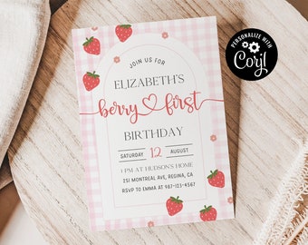 Editable Pink Gingham Berry First Birthday Invitation Template Berry First Invitation Berry Invite Digital Strawberry Birthday Party B1