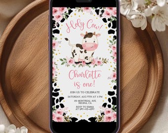 Editable Holy Cow Im One Holy Cow Invitation Holy Cow Birthday 1st Birthday Invite Girl Barnyard Party Digital Download Mobile Cow Invite C2