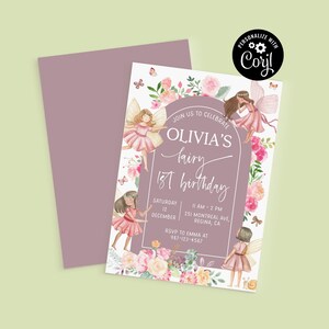 Editable Fairy First Birthday Invite Girl 1st Birthday Invitation Pink Digital Invitation f1