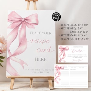 Carte de recette pour la douche nuptiale Elle fait le noeud Cartes de recettes modifiables avec un noeud rose, Recette de coquette déco pour la douche nuptiale Elle fait le noeud B12
