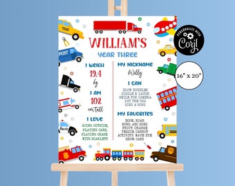 May include: A printable birthday chart for a child turning three years old. The chart features a colorful design with various vehicles, including a school bus, fire truck, police car, and airplane. The chart includes the child's name, "William", and details about their age, weight, height, nickname, and favorite things. The chart is 16 inches by 20 inches.