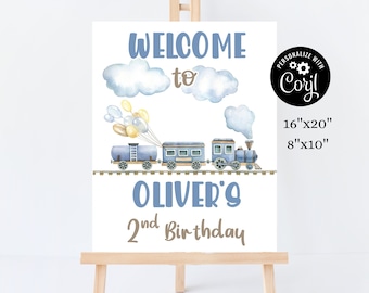 Panneau de bienvenue modifiable Chugga Chugga Two Two Birthday Train deuxième anniversaire Panneau de bienvenue imprimable 2ème anniversaire de garçons Inviter un panneau d'anniversaire tr1