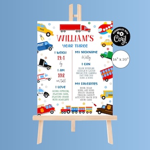 Bearbeitbares Transport Geburtstag Meilensteine Poster Honk Beep Choo Choo Zug Geburtstag Meilenstein Geburtstag Banner Truck und Autos Geburtstag TR3