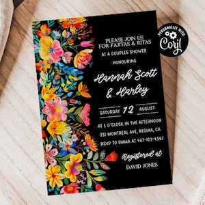 Editable Mexican Floral Party Invitations Bold Colors With Black Background Digital Download Template Invitation Fajitas And Ritas Invite f5