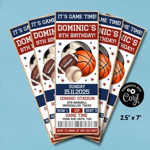Editable All Star Sport Ticket Invitation Sports Birthday Invitation Football Baseball Basketball Soccer Sport Party Invite Digital Template