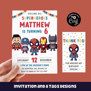 Editable Superheroes Birthday Invitation Template Printable Birthday Party Invitation Kids Party Invite Template Superhero Bday Card sh1 image 1