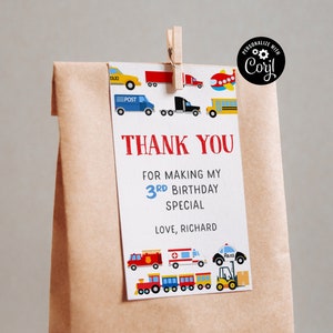 Editable Transportation Birthday Gift Tag Honk Beep Choo Choo Train Truck Birthday Thank You Tag Transport Gift Tag Truck Cars Birthday TR3