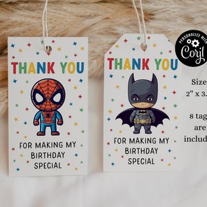 Étiquette de remerciement d'anniversaire super-héros modifiable Étiquette-cadeau d'anniversaire de super-héros Étiquettes de remerciement d'anniversaire de héros Étiquettes-cadeau de héros sh1