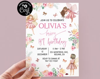 Editable Fairy First Birthday Invite Girl 1st Birthday Invitation Pink Digital Invitation f1