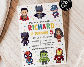 Editable Superheroes Birthday Invitation Template Printable Birthday Party Invitation Kids Party Invite Template Superhero Bday Card sh1