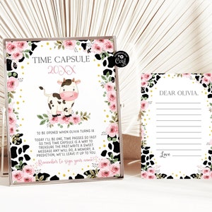 Vache sacrée modifiable, je suis une vache sacrée, capsule temporelle Vache anniversaire, 1er anniversaire, capsule fille, décorations de basse-cour, carte capsule temporelle vache C2