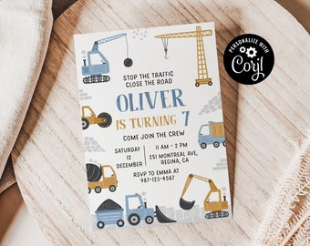 May include: Construction themed birthday party invitation with a white background and illustrations of construction vehicles in blue, yellow, and gray. The text reads "Stop the traffic, close the road, Oliver is turning 7, Come join the crew, Saturday, December 12, 11 AM - 2 PM, 251 Montreal Ave, Regina, CA, RSVP to Emma at 987-123-4567".
