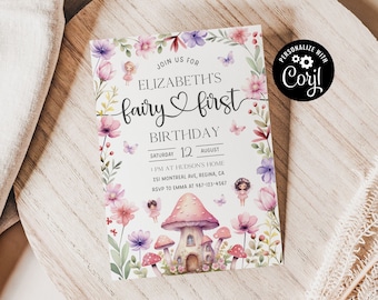 Editable Fairy First Birthday Party Editable Invitation Magical Enchanted Fairy 1st Birthday Invite Girls 1st Birthday Fairy Invite F10