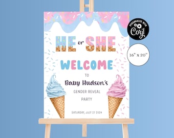 EDITABLE Ice Cream Gender Reveal Welcome Sign Baby Boy Or Girl Party Poster Template He Or She What&#39;s the scoop Welcome Sign IC2