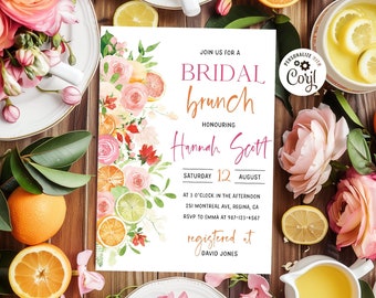 Editable Citrus Bridal Brunch Invitation Orange Bridal Shower Floral Citrus Bridal Shower Invite Mediterranean Theme Pink Orange Brunch