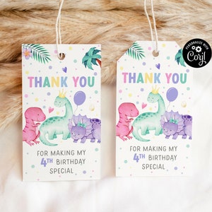 EDITABLE DINOSAUR BIRTHDAY Favor Tag Girl Three Rex Party Gift Tag Digital Dino Thank You tag Three-Rex Dinosaur Party Favors Girl Dinosaur