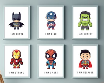 SUPERHERO NURSERY ART, Set Of 6, Colorful Kids Room, Bright Nursery Prints Digital Download Printable Wall Artwork Baby Shower Art Decor sh1