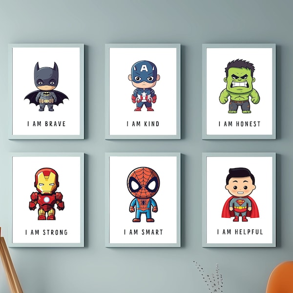 SUPERHERO NURSERY ART, Set Of 6, Colorful Kids Room, Bright Nursery Prints Digital Download Printable Wall Artwork Baby Shower Art Decor sh1