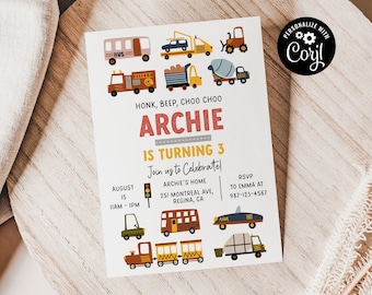 Editable Transportation Birthday Invitation Honk Beep Choo Choo Train Truck Birthday Invitation Cars Birthday Invite Truck And Cars Birthday