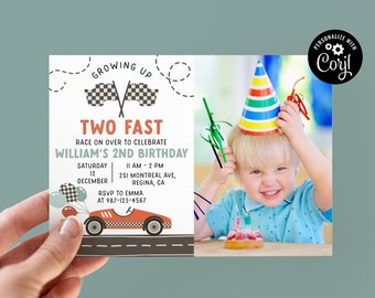 Editable TWO Fast Birthday Invitation Race Car 2nd Birthday Invite Racing Car Vintage Race Car Printable Template Instant Download RC1