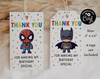 Editable Superheroes Birthday Thank You Tag Superhero Birthday Gift Tag Hero Birthday Thank You Tags Heroes Gift Tags sh1