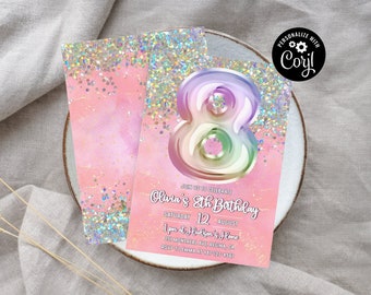 Editable Pink 8th Birthday Invitation Template Gold Glitter Birthday Party Invite Rainbow Foil Girl Eighth Birthday Instant Download Digital