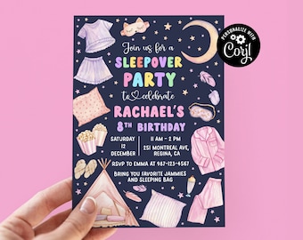 Editable Slumber Party Birthday Invitation Sleepover Birthday Invite Pink Girl Spa Tween Teen Digital Download Printable Template