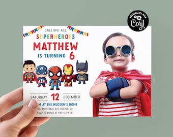 Editable Superheroes Birthday Invitation Template Printable Birthday Party Invitation Kids Party Invite Template Superhero Bday Card sh1