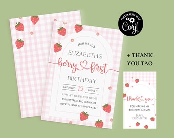 May include: A pink and white gingham patterned invitation with strawberries and the text "Join us for Elizabeth's berry first birthday. Saturday, 12 August. 1 pm at Hudson's Home, 251 Montreal Ave, Regina, CA. RSVP to Emma at 987-123-4567". A matching thank you tag with the text "Thank you for making my birthday special. Love Elizabeth" and strawberries.