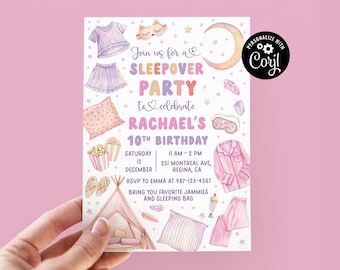 May include: A pink and purple sleepover party invitation with a watercolor illustration of pajamas, a tent, popcorn, and a sleeping mask. The invitation says "Join us for a sleepover party to celebrate Rachael's 10th birthday".