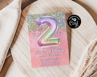 Editable Pink 2nd Birthday Invitation Template Glitter Birthday Party Invite Rainbow Foil Girl Second Birthday Instant Download Digital