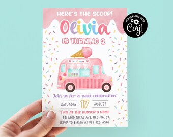 May include: Pink and white ice cream truck birthday party invitation with the text "Here's the scoop! Olivia is turning 2" and details for the party.