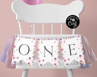 Editable Fairy First Birthday Party High Chair Bunting Magical Enchanted Fairy 1st Birthday Chair Banner Garland Girl 1st Birthday Fairy F10