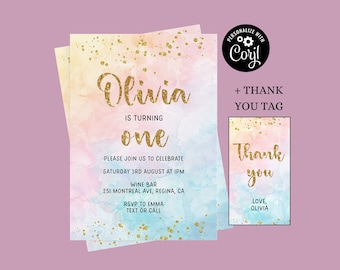 Editable Rainbow Birthday Invitation Glitter Pastel Invitation Colorful Watercolor Gold Foil Splatter Sprinkles Ombre 1st 2nd 3rd Invite